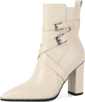 AUMOTED Womens Pointed Toe Beaded Chunky Ankle Boots Side Zipper 3.5 Inches High Heel Western Boots