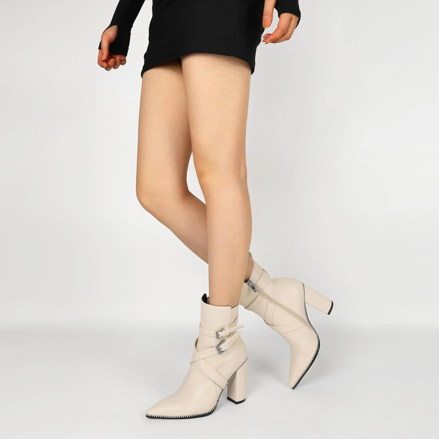 AUMOTED Womens Pointed Toe Beaded Chunky Ankle Boots Side Zipper 3.5 Inches High Heel Western Boots