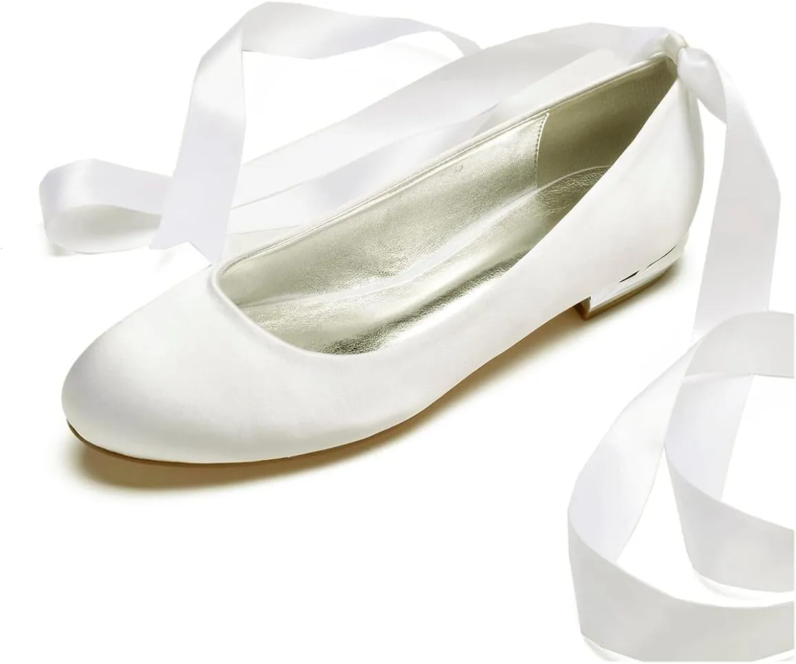 Ballerina Flats Shoes for Women Summer Bride Lace Tie Up Formal Wedding Party Dress Shoes