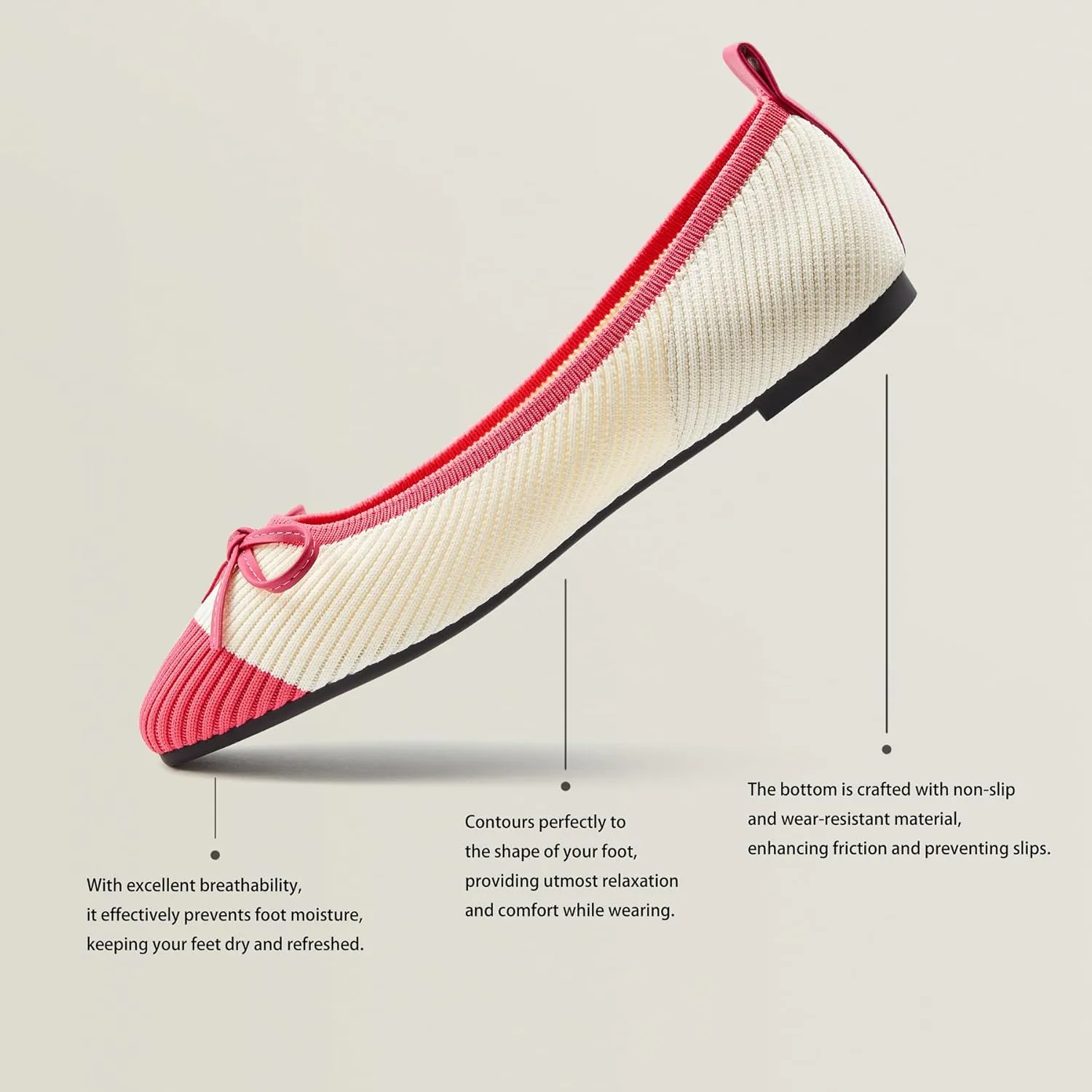 Ballet Flats for Women | Knit Square Toe Slip on Flats | Two-Tone Bowknot Shoes