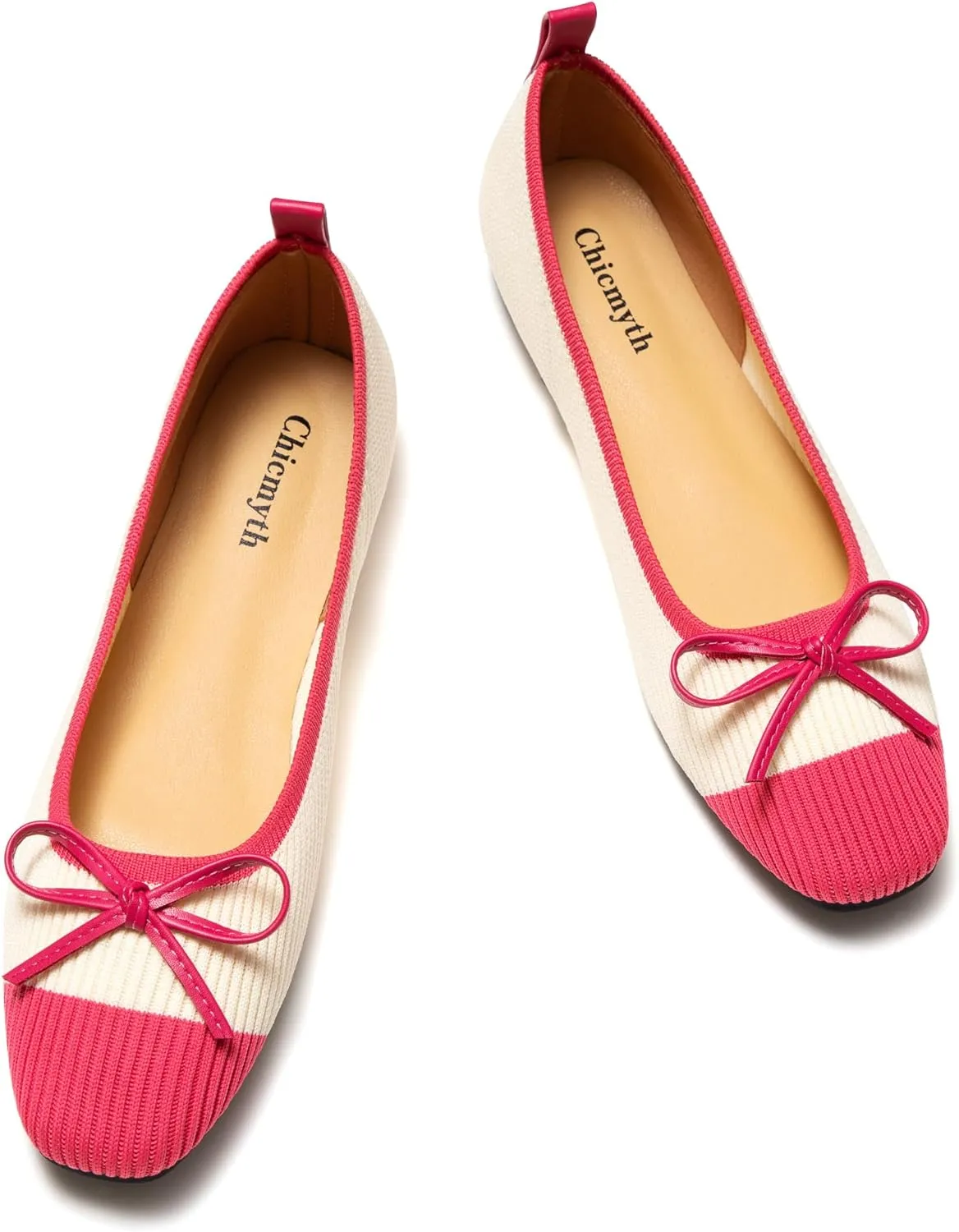 Ballet Flats for Women | Knit Square Toe Slip on Flats | Two-Tone Bowknot Shoes