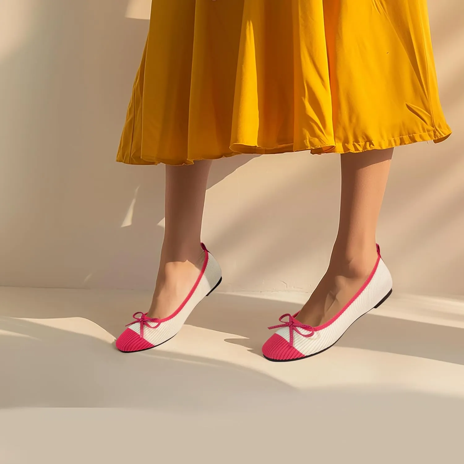 Ballet Flats for Women | Knit Square Toe Slip on Flats | Two-Tone Bowknot Shoes