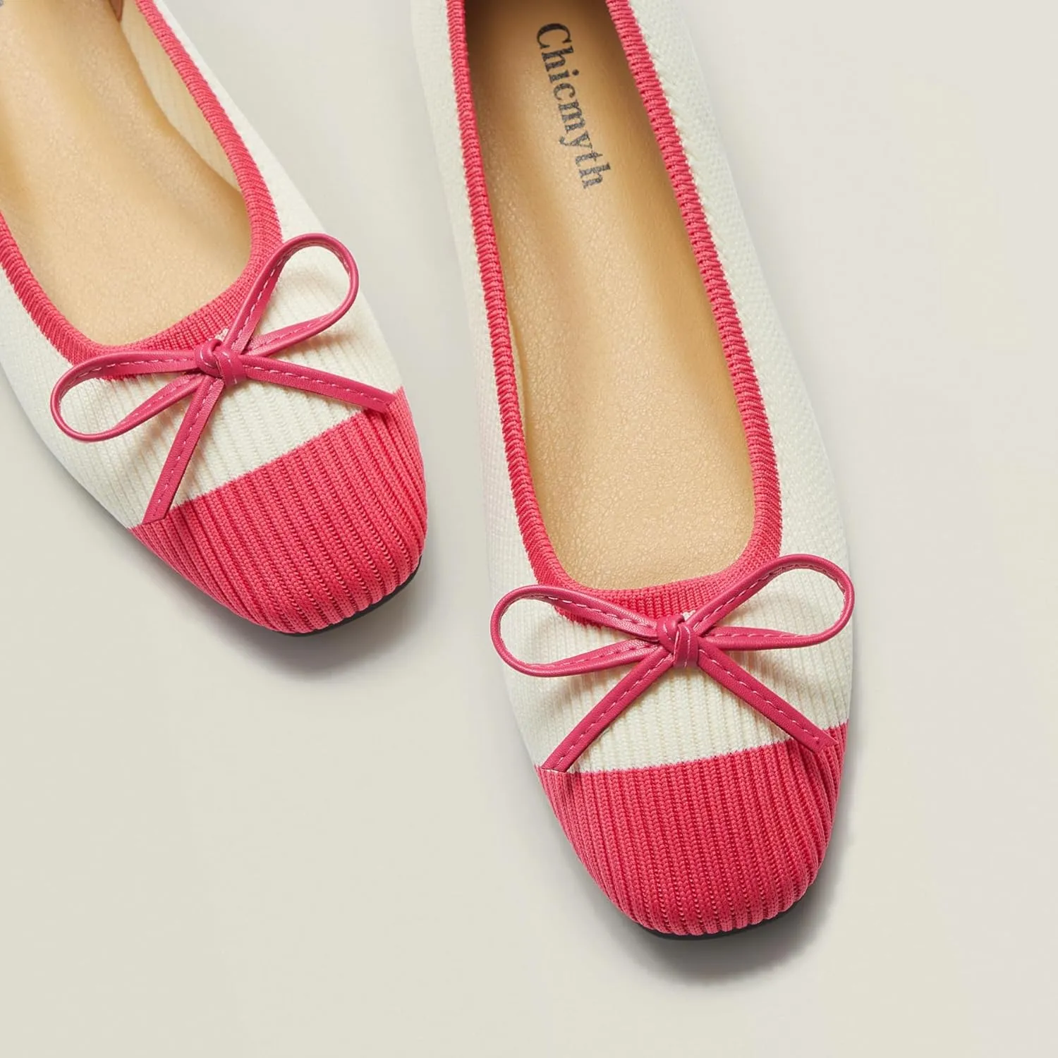 Ballet Flats for Women | Knit Square Toe Slip on Flats | Two-Tone Bowknot Shoes