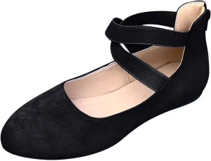 Ballet Flats Shoes for Women with Strap Comfortable Criss-Cross Elastic Ankle Straps Flats Shoes Round Toe Slip on Dress Flat Shoes