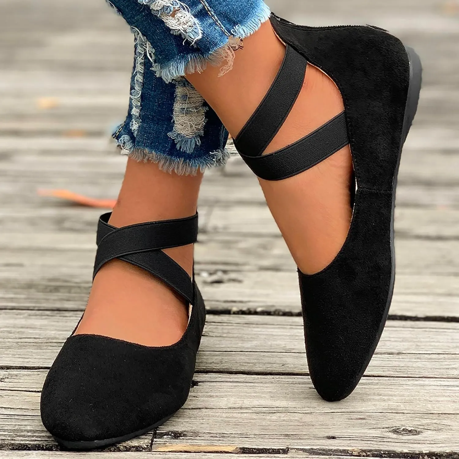 Ballet Flats Shoes for Women with Strap Comfortable Criss-Cross Elastic Ankle Straps Flats Shoes Round Toe Slip on Dress Flat Shoes
