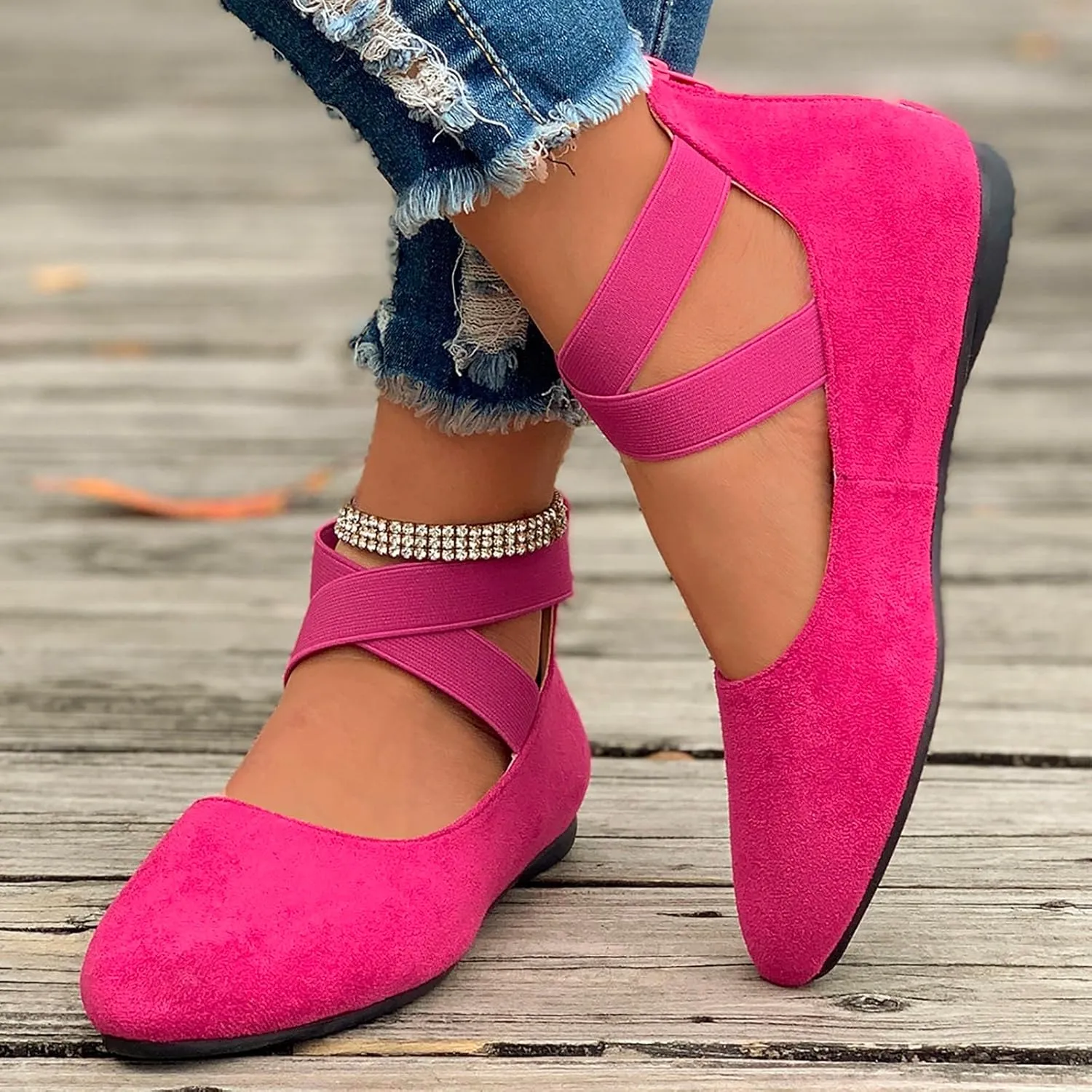Ballet Flats Shoes for Women with Strap Comfortable Criss-Cross Elastic Ankle Straps Flats Shoes Round Toe Slip on Dress Flat Shoes