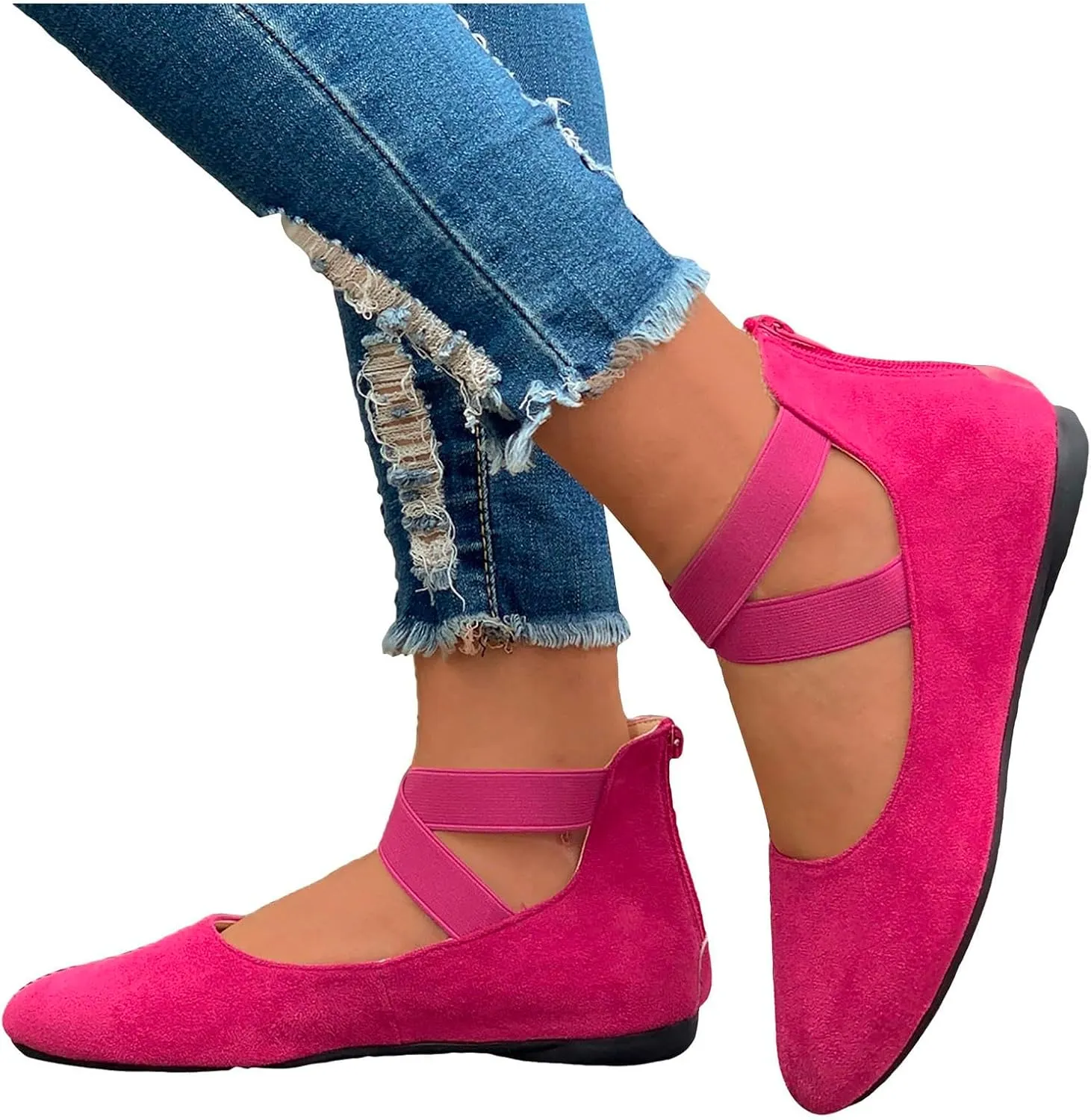 Ballet Flats Shoes for Women with Strap Comfortable Criss-Cross Elastic Ankle Straps Flats Shoes Round Toe Slip on Dress Flat Shoes