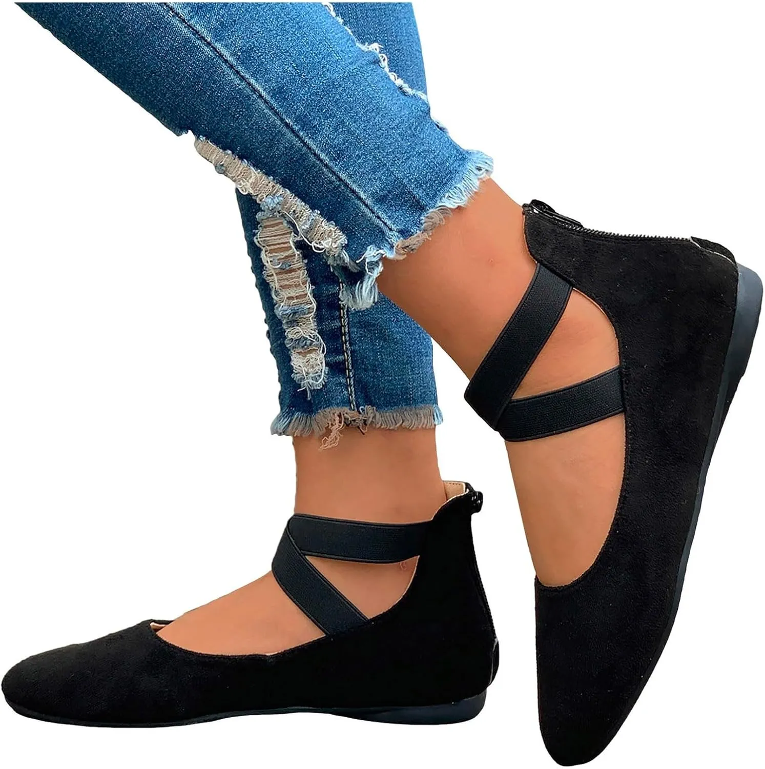 Ballet Flats Shoes for Women with Strap Comfortable Criss-Cross Elastic Ankle Straps Flats Shoes Round Toe Slip on Dress Flat Shoes