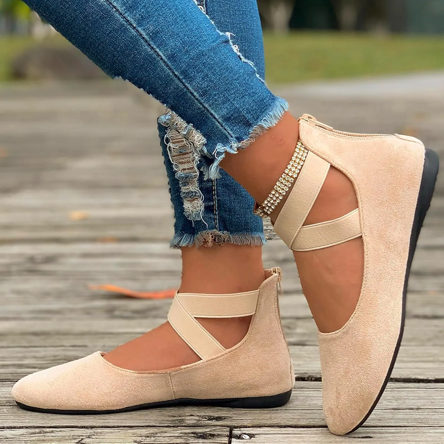 Ballet Flats Shoes for Women with Strap Comfortable Criss-Cross Elastic Ankle Straps Flats Shoes Round Toe Slip on Dress Flat Shoes