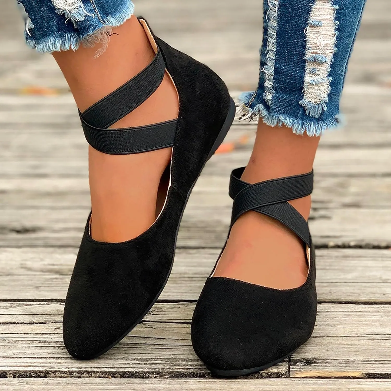 Ballet Flats Shoes for Women with Strap Comfortable Criss-Cross Elastic Ankle Straps Flats Shoes Round Toe Slip on Dress Flat Shoes