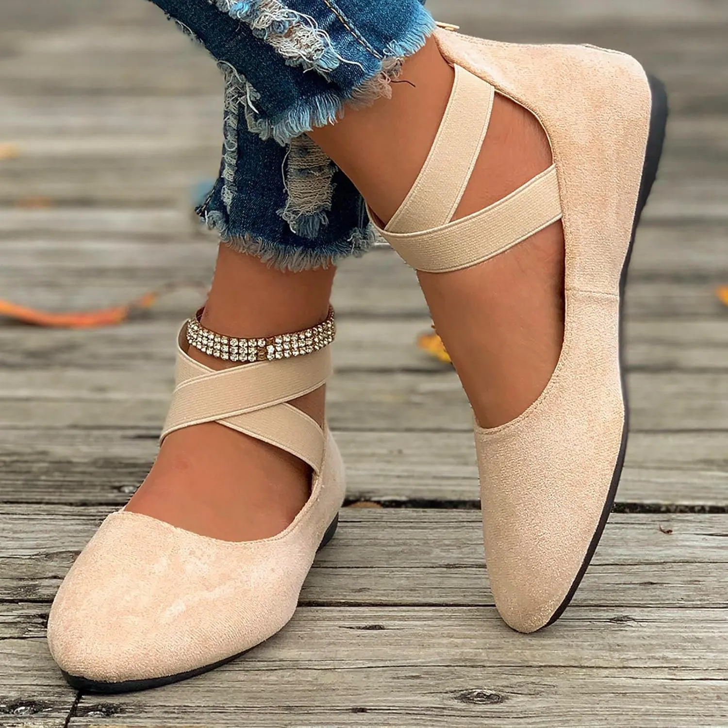 Ballet Flats Shoes for Women with Strap Comfortable Criss-Cross Elastic Ankle Straps Flats Shoes Round Toe Slip on Dress Flat Shoes