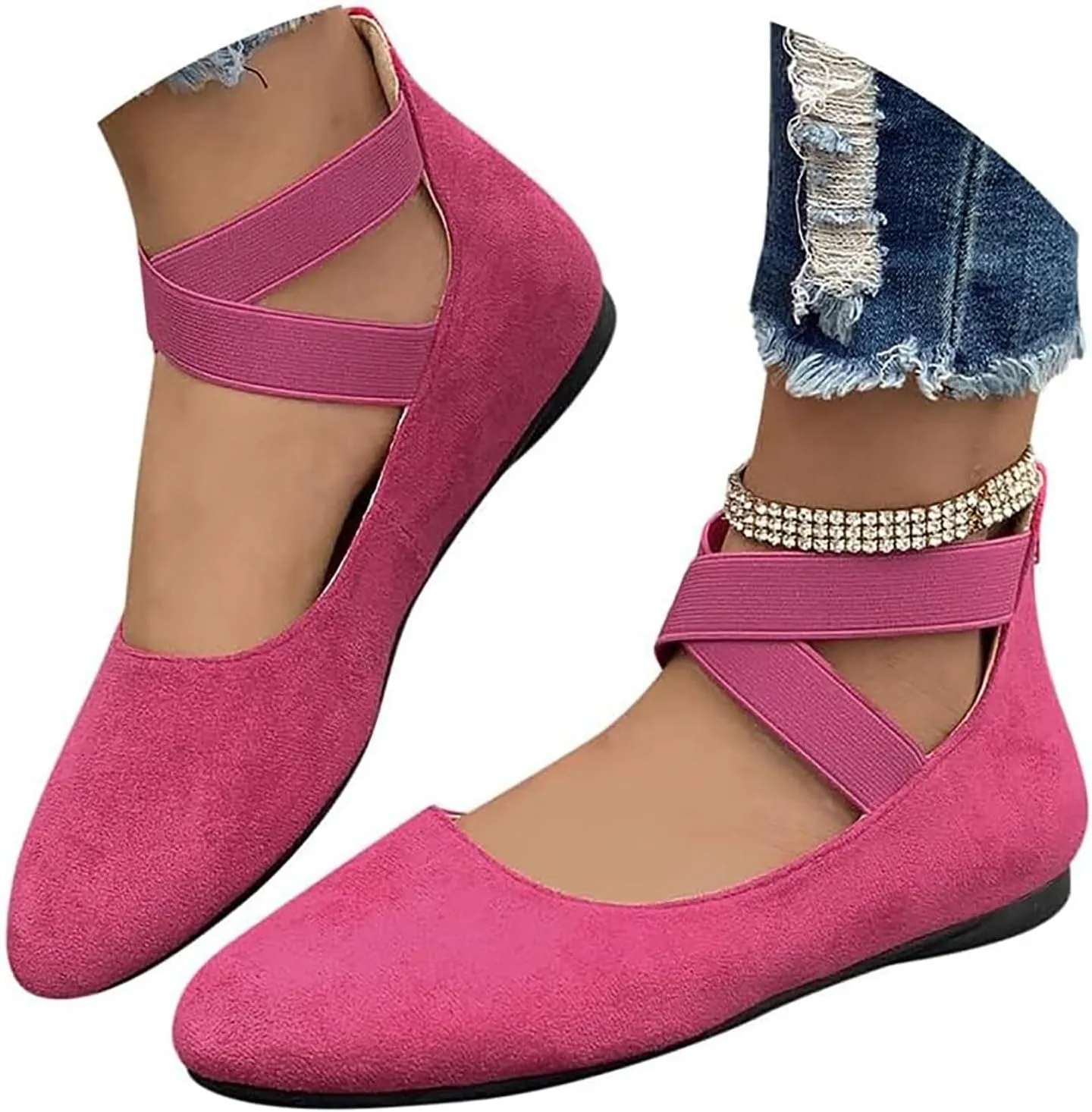 Ballet Flats Shoes for Women with Strap Comfortable Criss-Cross Elastic Ankle Straps Flats Shoes Round Toe Slip on Dress Flat Shoes