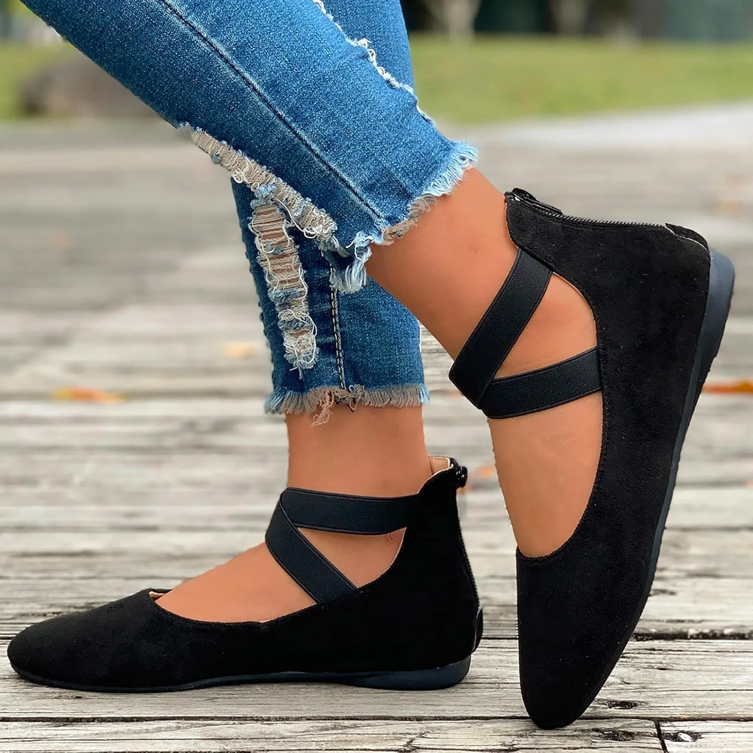 Ballet Flats Shoes for Women with Strap Comfortable Criss-Cross Elastic Ankle Straps Flats Shoes Round Toe Slip on Dress Flat Shoes
