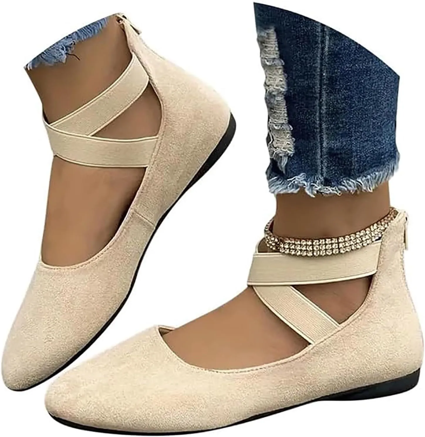 Ballet Flats Shoes for Women with Strap Comfortable Criss-Cross Elastic Ankle Straps Flats Shoes Round Toe Slip on Dress Flat Shoes