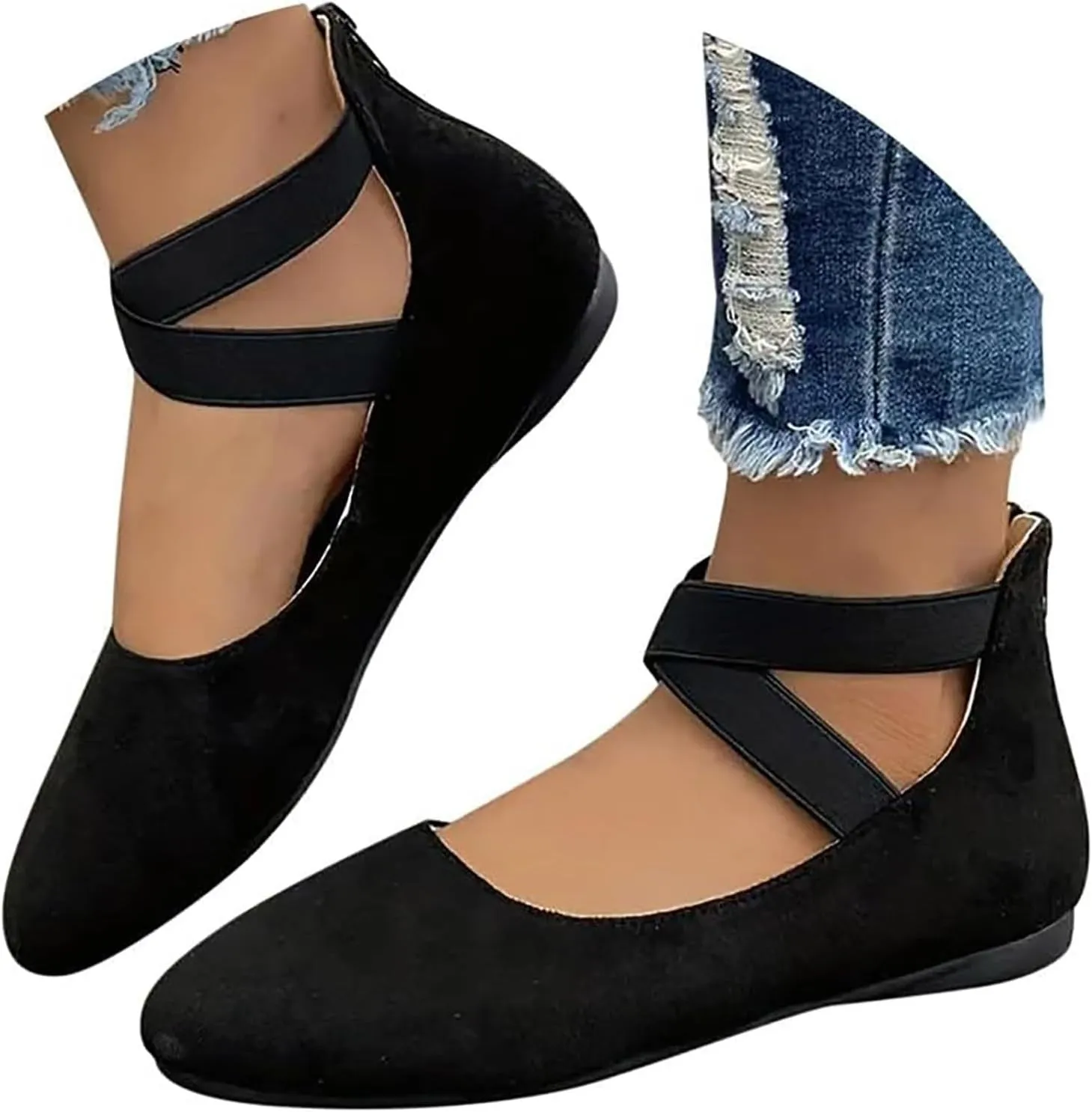 Ballet Flats Shoes for Women with Strap Comfortable Criss-Cross Elastic Ankle Straps Flats Shoes Round Toe Slip on Dress Flat Shoes