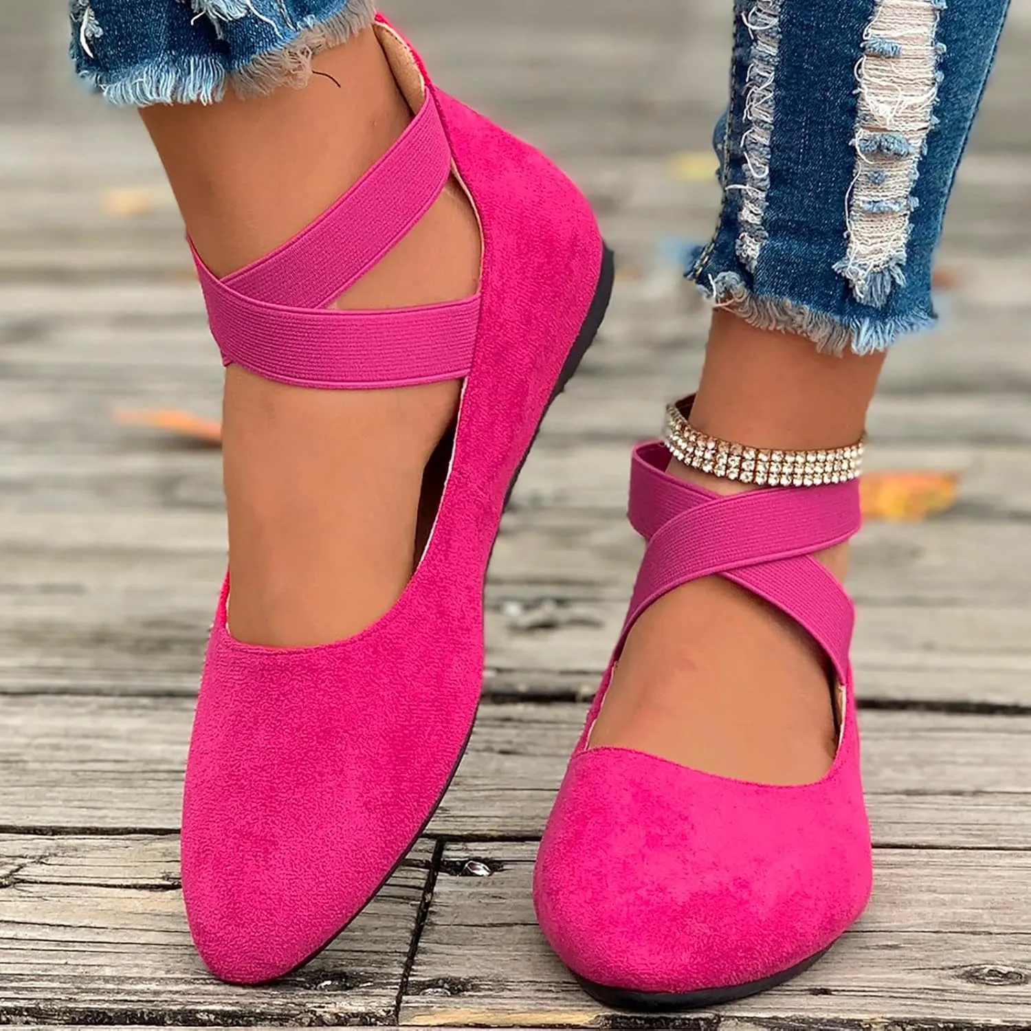 Ballet Flats Shoes for Women with Strap Comfortable Criss-Cross Elastic Ankle Straps Flats Shoes Round Toe Slip on Dress Flat Shoes