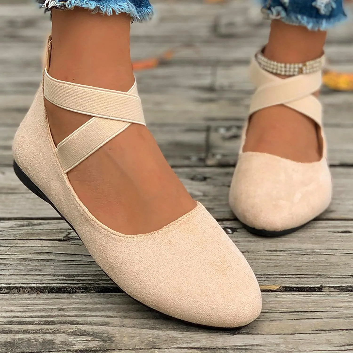 Ballet Flats Shoes for Women with Strap Comfortable Criss-Cross Elastic Ankle Straps Flats Shoes Round Toe Slip on Dress Flat Shoes