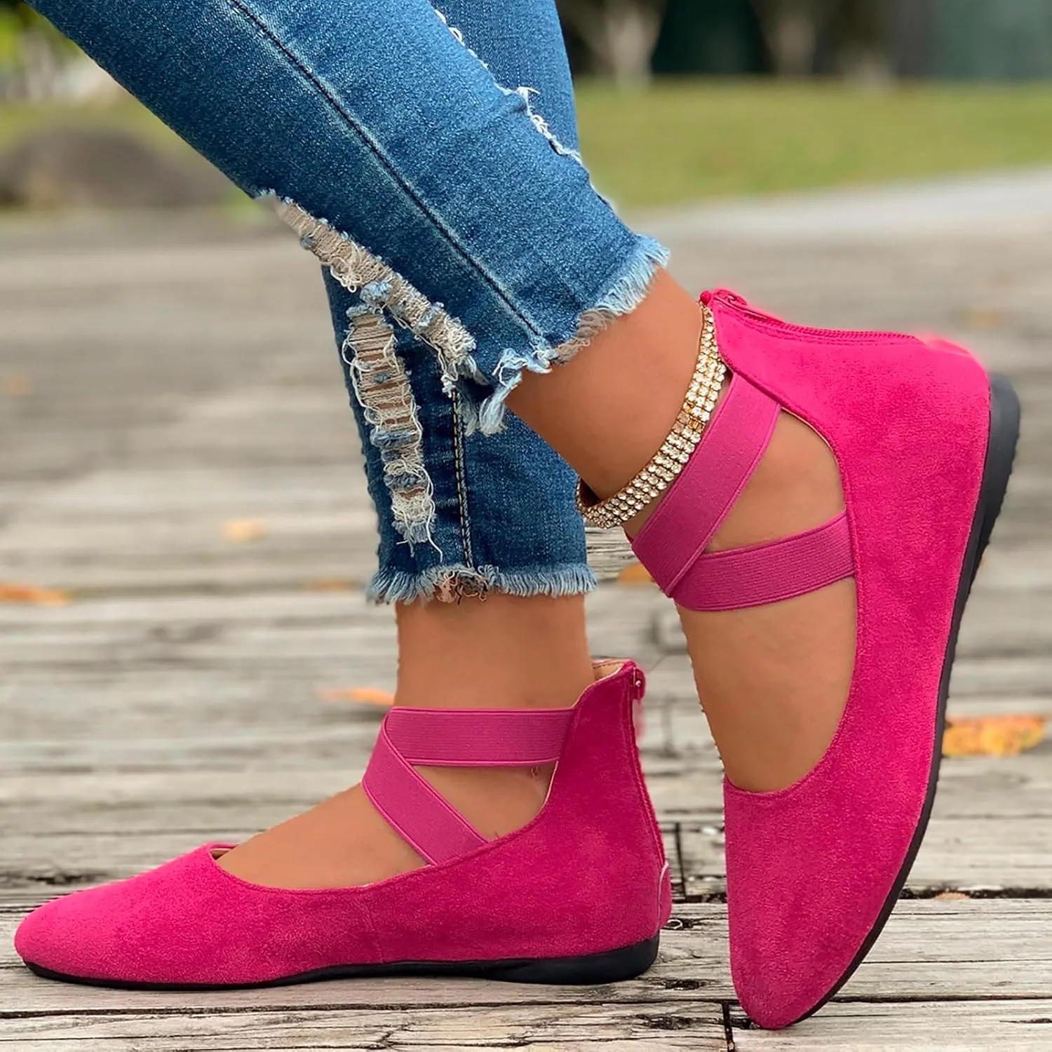 Ballet Flats Shoes for Women with Strap Comfortable Criss-Cross Elastic Ankle Straps Flats Shoes Round Toe Slip on Dress Flat Shoes