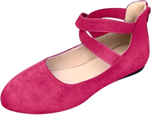 Ballet Flats Shoes for Women with Strap Comfortable Criss-Cross Elastic Ankle Straps Flats Shoes Round Toe Slip on Dress Flat Shoes