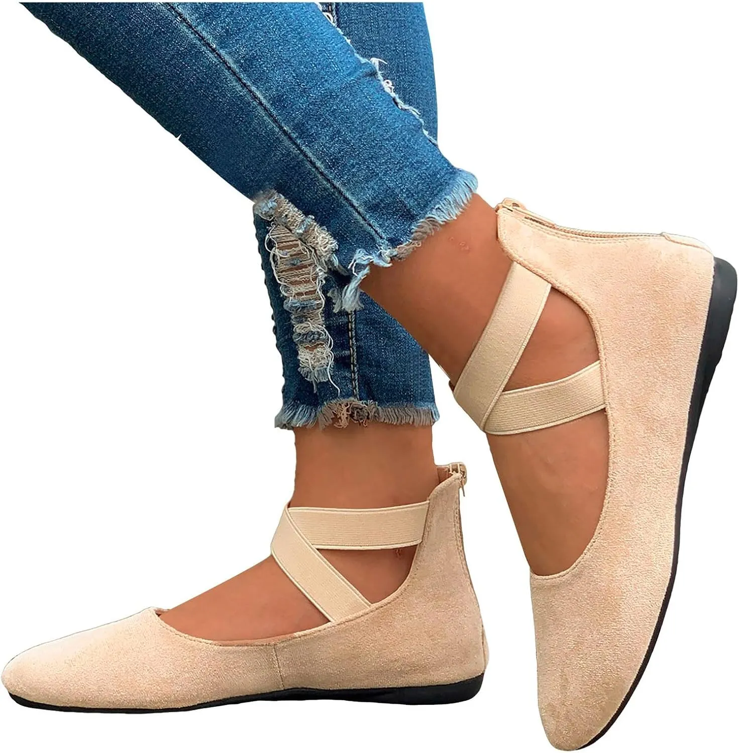 Ballet Flats Shoes for Women with Strap Comfortable Criss-Cross Elastic Ankle Straps Flats Shoes Round Toe Slip on Dress Flat Shoes
