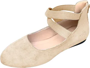 Ballet Flats Shoes for Women with Strap Comfortable Criss-Cross Elastic Ankle Straps Flats Shoes Round Toe Slip on Dress Flat Shoes