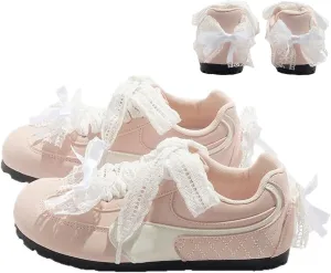 Ballet Sneakers for Woman Leather Satin Lace Up Round Toe Ballerina Flats Trendy Fancy Cute Sweet Kawaii Ballet Shoes with Bow Back 2025 Spring Summer Birthday Daily Dressy