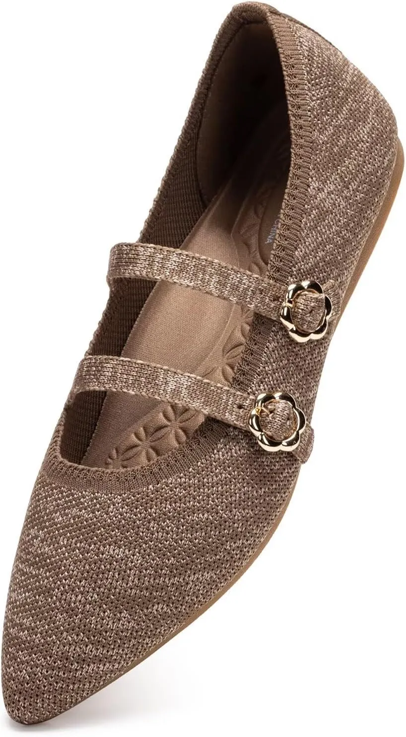 BEJINASH Women's Mary Jane Flat Dressy Knitted Shoes with Double Adjustable Strap Ballets Comfortable for Work Pointed Toe Flats Shoes for Women