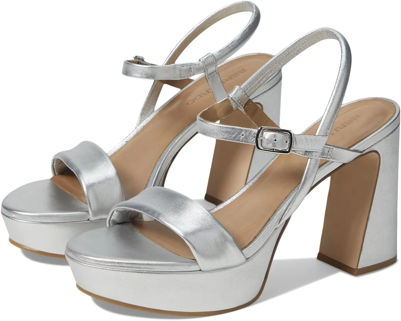 Bernardo® Ventura Heeled Sandals for Women – Leather Construction – Rubber Outsole – Ankle Buckle Closure Silver 9 M