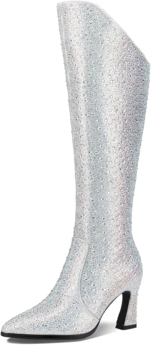 Black Knee High Boots Women High Heel Wide Calf Tall Thigh High Cowboy Cowgirl Winter Botas Para Mujer Chunky Block Western Waterproof Rain Snow Comfortable Shoes