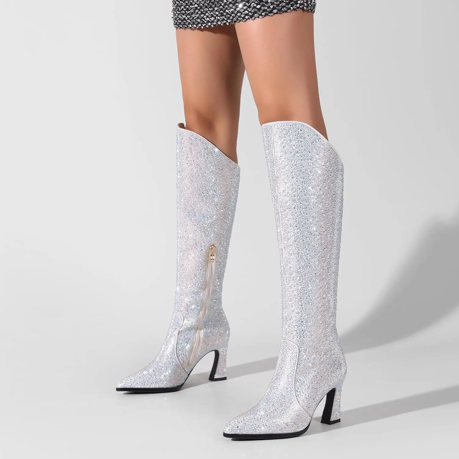 Black Knee High Boots Women High Heel Wide Calf Tall Thigh High Cowboy Cowgirl Winter Botas Para Mujer Chunky Block Western Waterproof Rain Snow Comfortable Shoes