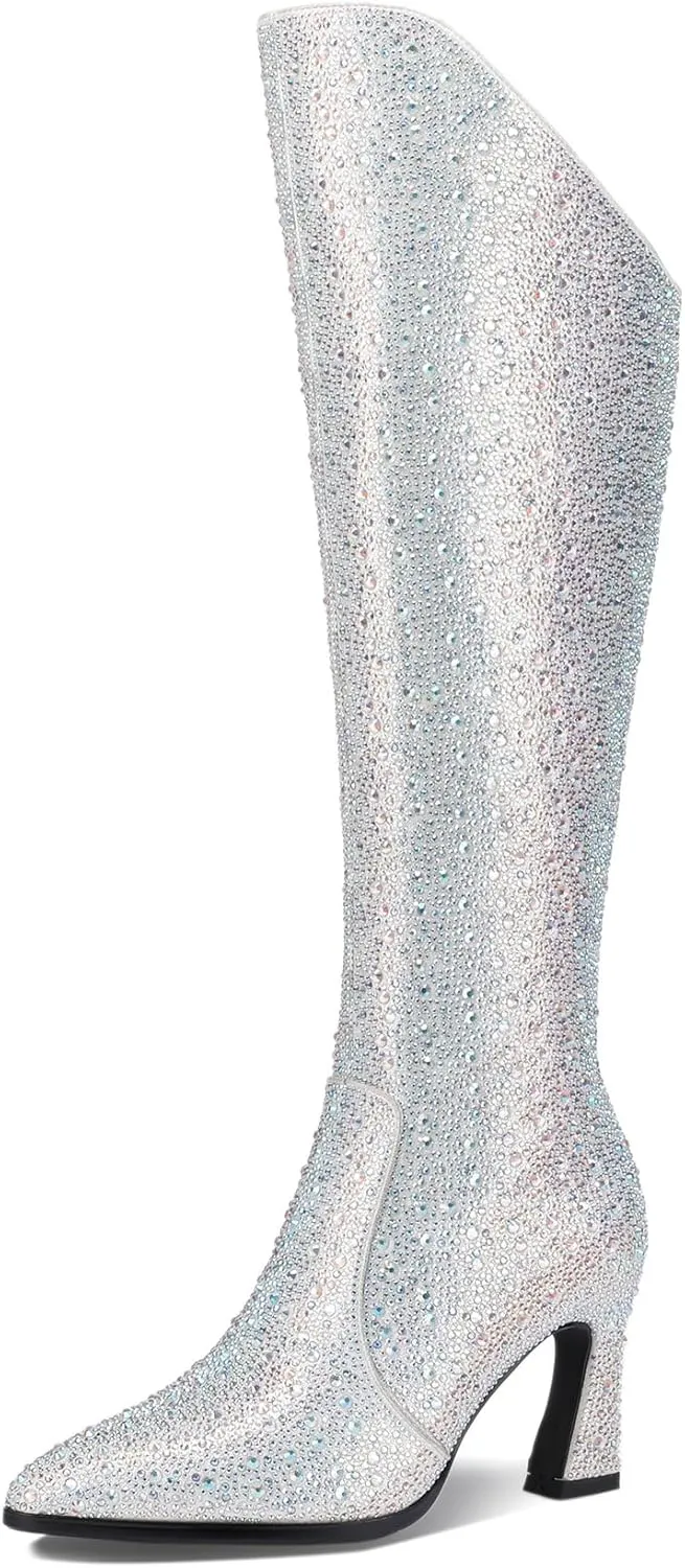 Black Knee High Boots Women High Heel Wide Calf Tall Thigh High Cowboy Cowgirl Winter Botas Para Mujer Chunky Block Western Waterproof Rain Snow Comfortable Shoes