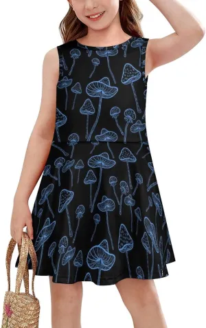 Blue Glowing MushroomsGirls Summer Casual Sleeveless Dress140CM