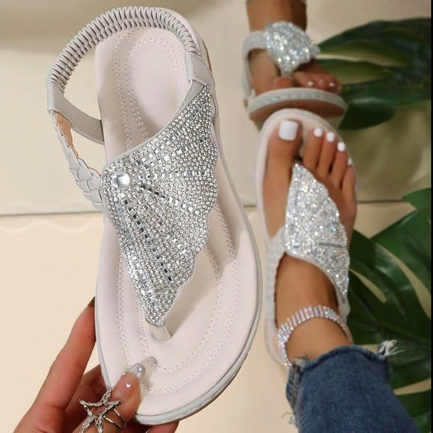 Boho T-Strap Flat Sandal for Women Stylish Rhinestone Thong Sandals Elastic Strap Beach Footwear for Summer Casual