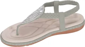 Boho T-Strap Flat Sandal for Women Stylish Rhinestone Thong Sandals Elastic Strap Beach Footwear for Summer Casual