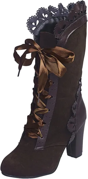 Boots for Women Lace Mid Calf Boots Goth Vintage Lace-up Combat Boots Chunky High Heel Victorian Retro Riding Booties