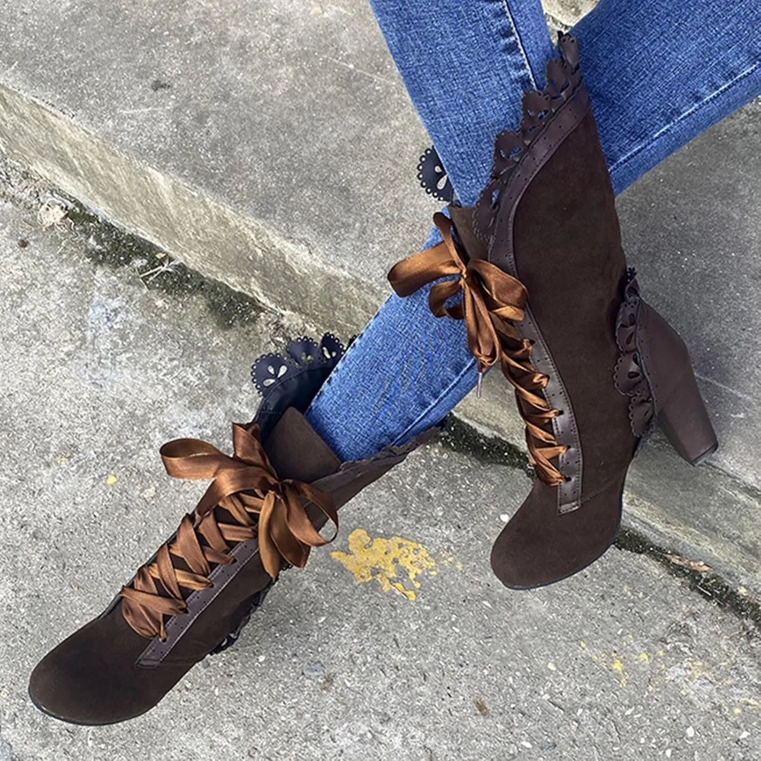 Boots for Women Lace Mid Calf Boots Goth Vintage Lace-up Combat Boots Chunky High Heel Victorian Retro Riding Booties