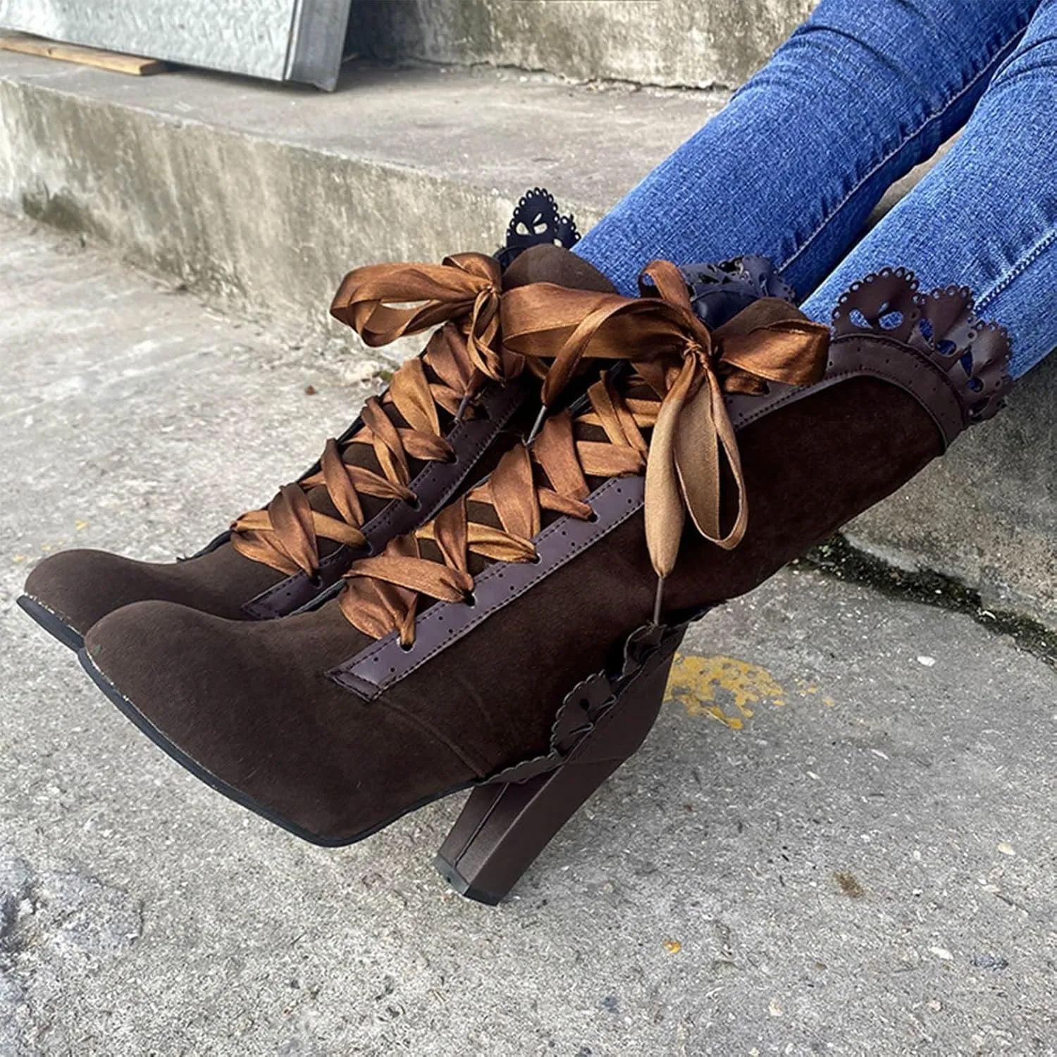 Boots for Women Lace Mid Calf Boots Goth Vintage Lace-up Combat Boots Chunky High Heel Victorian Retro Riding Booties