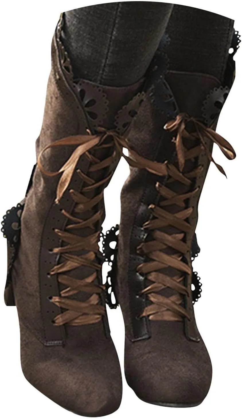 Boots for Women Lace Mid Calf Boots Goth Vintage Lace-up Combat Boots Chunky High Heel Victorian Retro Riding Booties