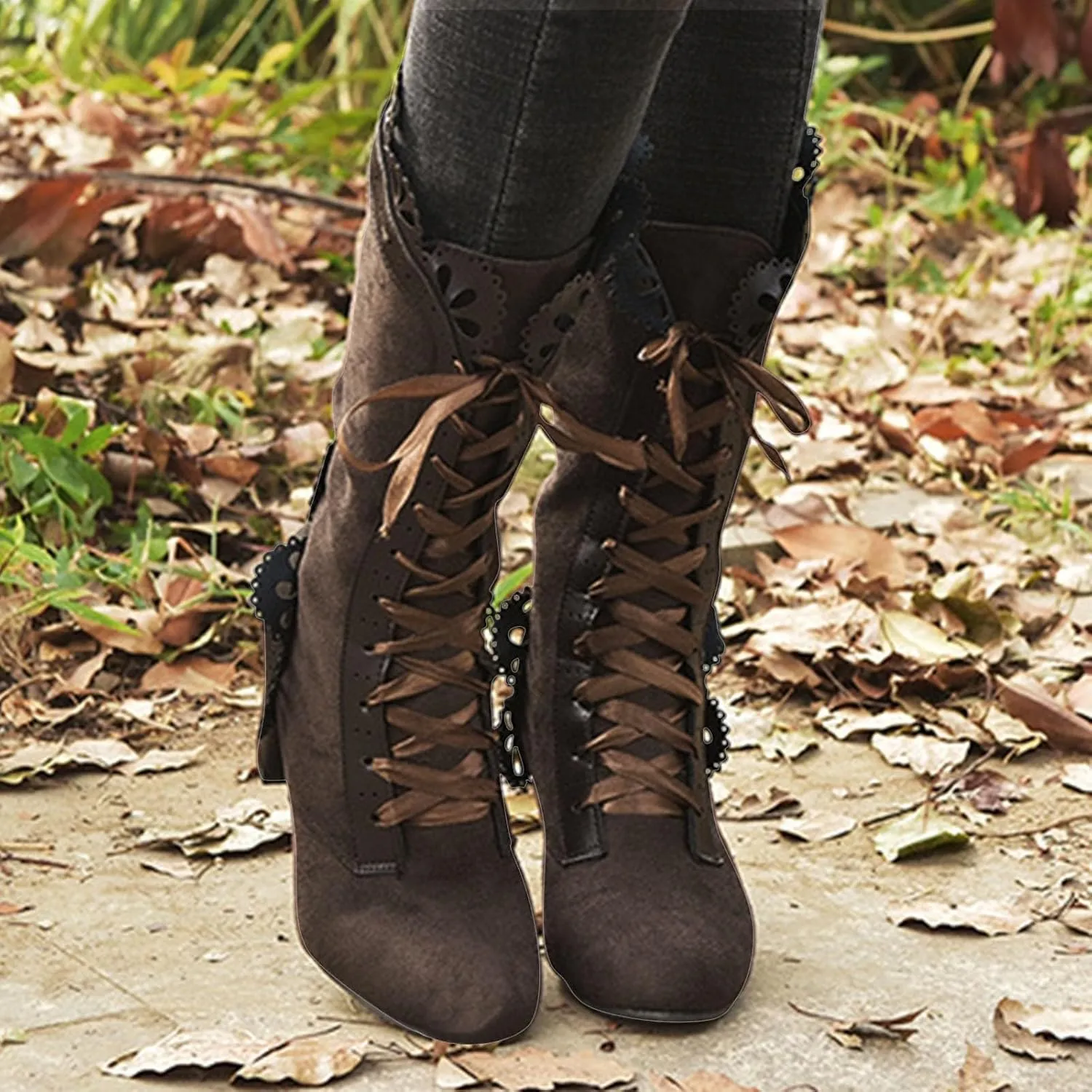 Boots for Women Lace Mid Calf Boots Goth Vintage Lace-up Combat Boots Chunky High Heel Victorian Retro Riding Booties
