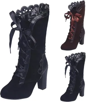 Boots for Women Victorian Mid Calf Boots Dressy Vintage Fashion Boots Sweet Floral Lace High Heel Western Booties