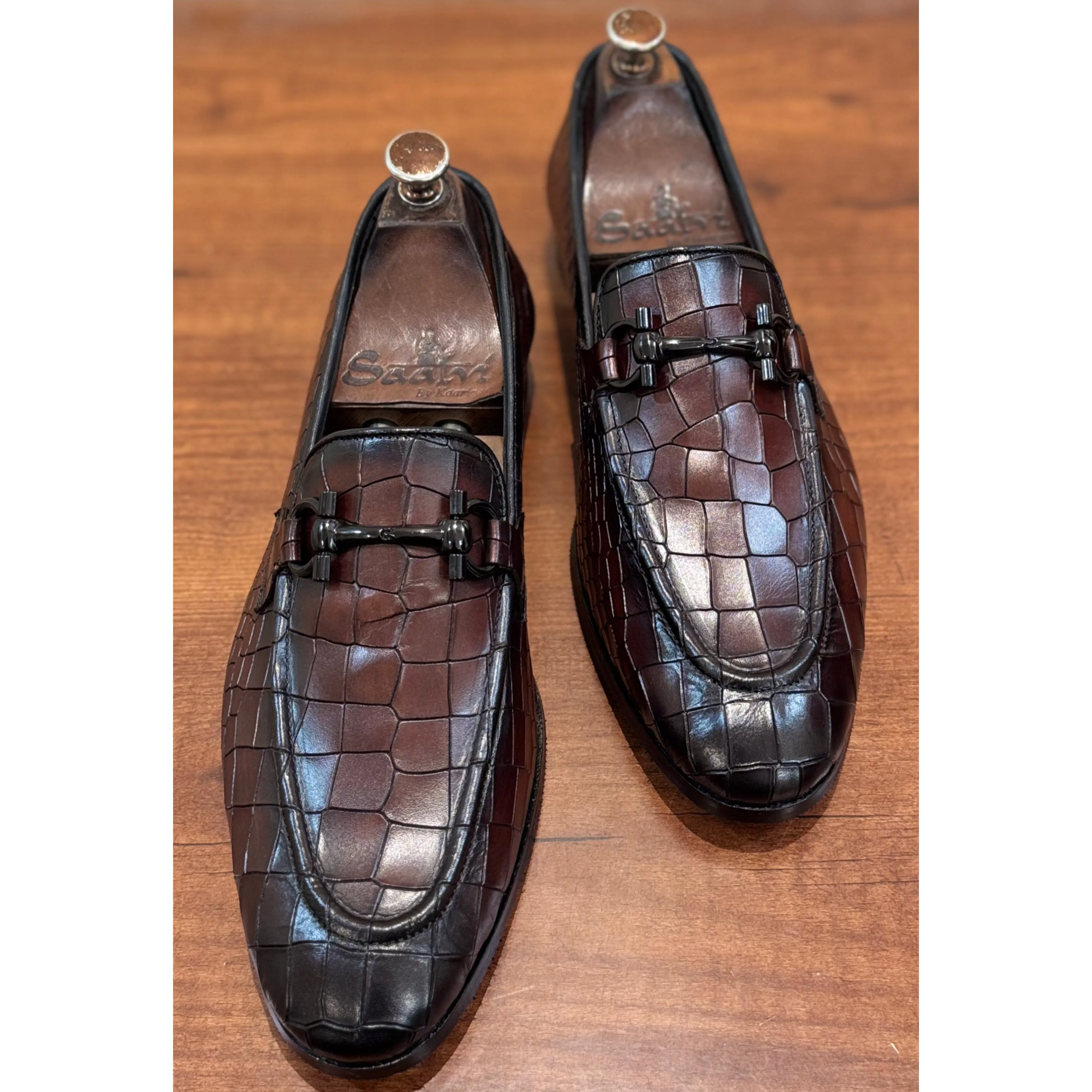 Brown Croco Loafers Black Buckle
