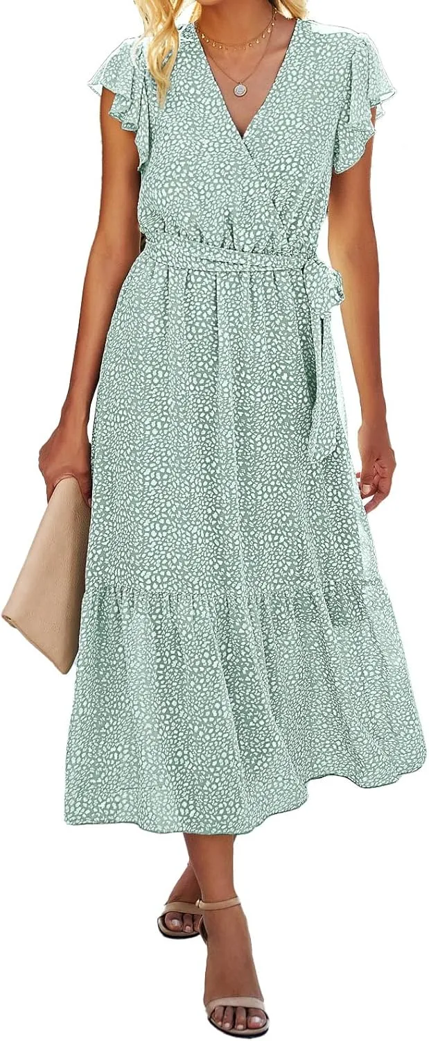BTFBM Women Summer Bohemian Floral Casual Wrap V Neck Ruffle Cap Sleeveless Belt A-Line Pleated Hem Midi Sun Dress White