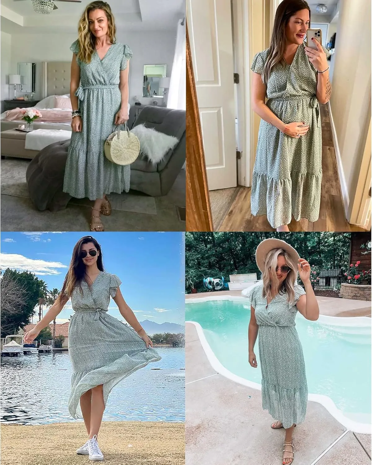 BTFBM Women Summer Bohemian Floral Casual Wrap V Neck Ruffle Cap Sleeveless Belt A-Line Pleated Hem Midi Sun Dress White