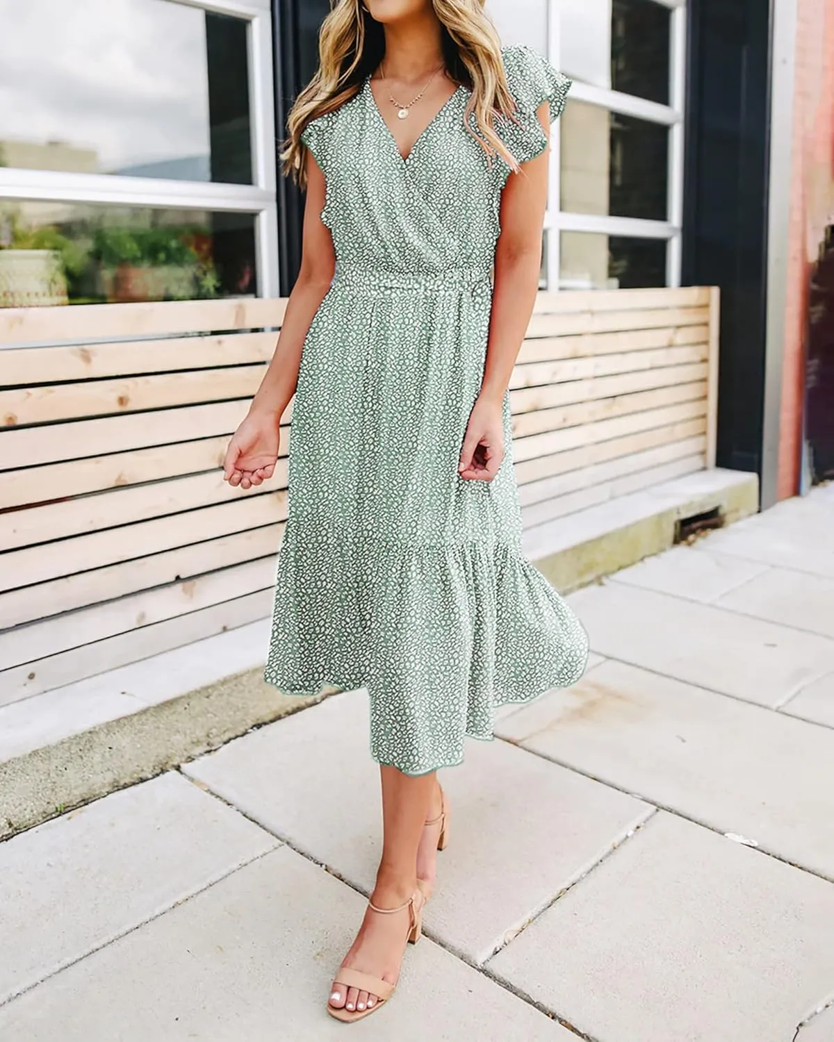 BTFBM Women Summer Bohemian Floral Casual Wrap V Neck Ruffle Cap Sleeveless Belt A-Line Pleated Hem Midi Sun Dress White