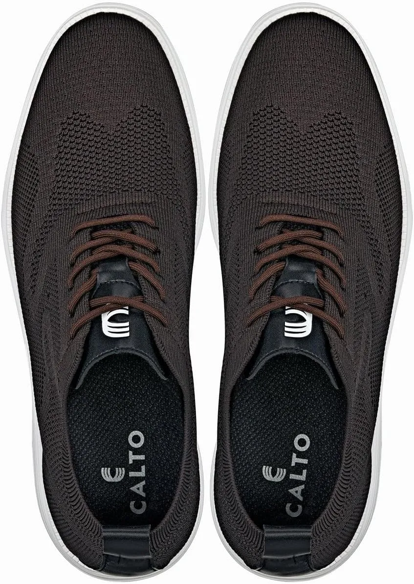 CALTO Men's Invisible Height Increasing Elevator Shoes - Coffee Brown Ultra Light-Weight Lace-up Knitted Sporty Walker - 2.8 Inches Taller - X2635 - Size 10 D(M) US
