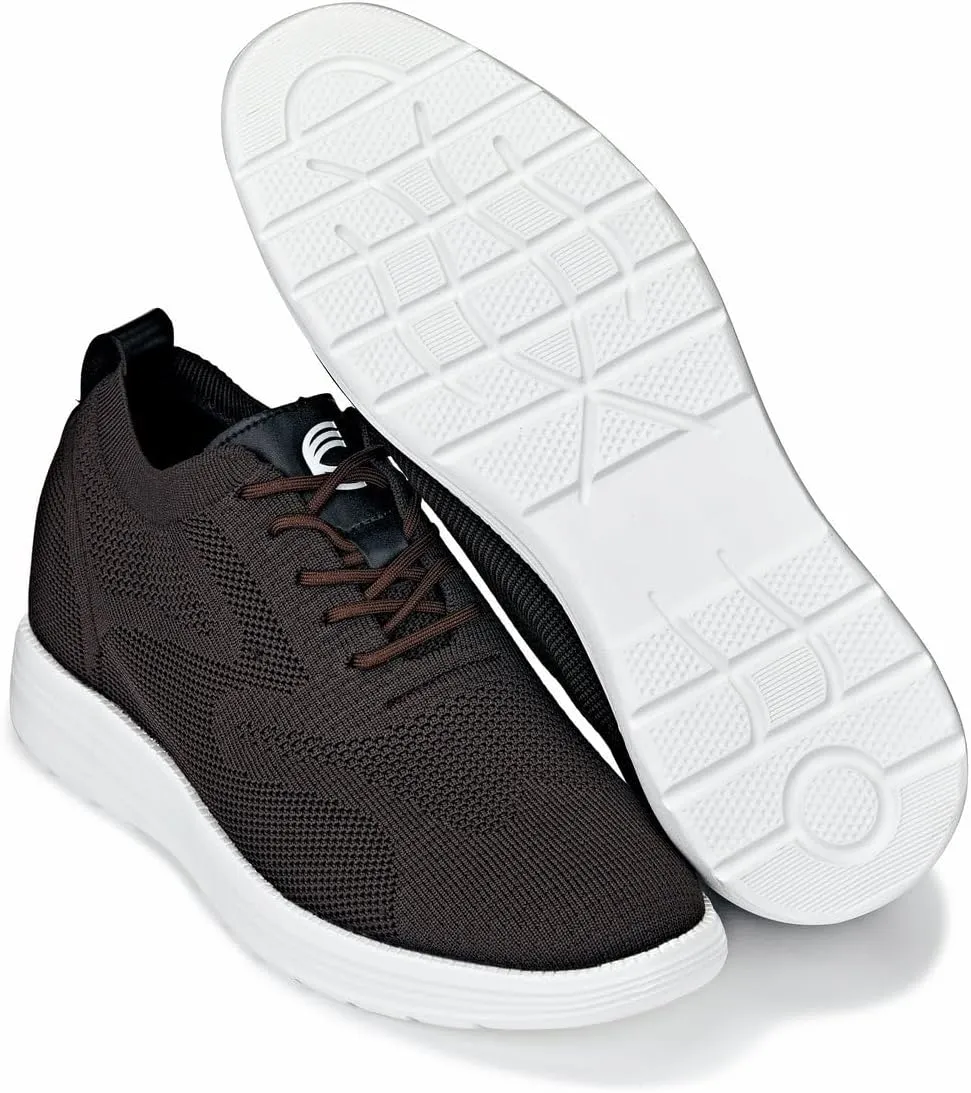 CALTO Men's Invisible Height Increasing Elevator Shoes - Coffee Brown Ultra Light-Weight Lace-up Knitted Sporty Walker - 2.8 Inches Taller - X2635 - Size 10 D(M) US