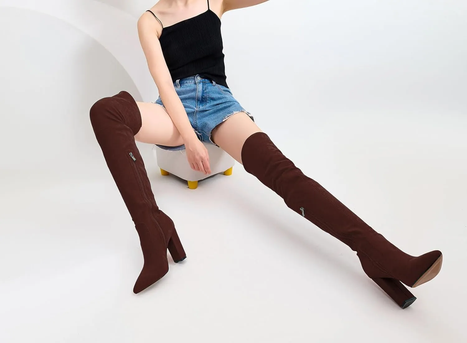 Castamere Womens High Heels Over The Knee Boots Sexy Pointy Toe Chunky Block 10CM Heel Boot with Zipper