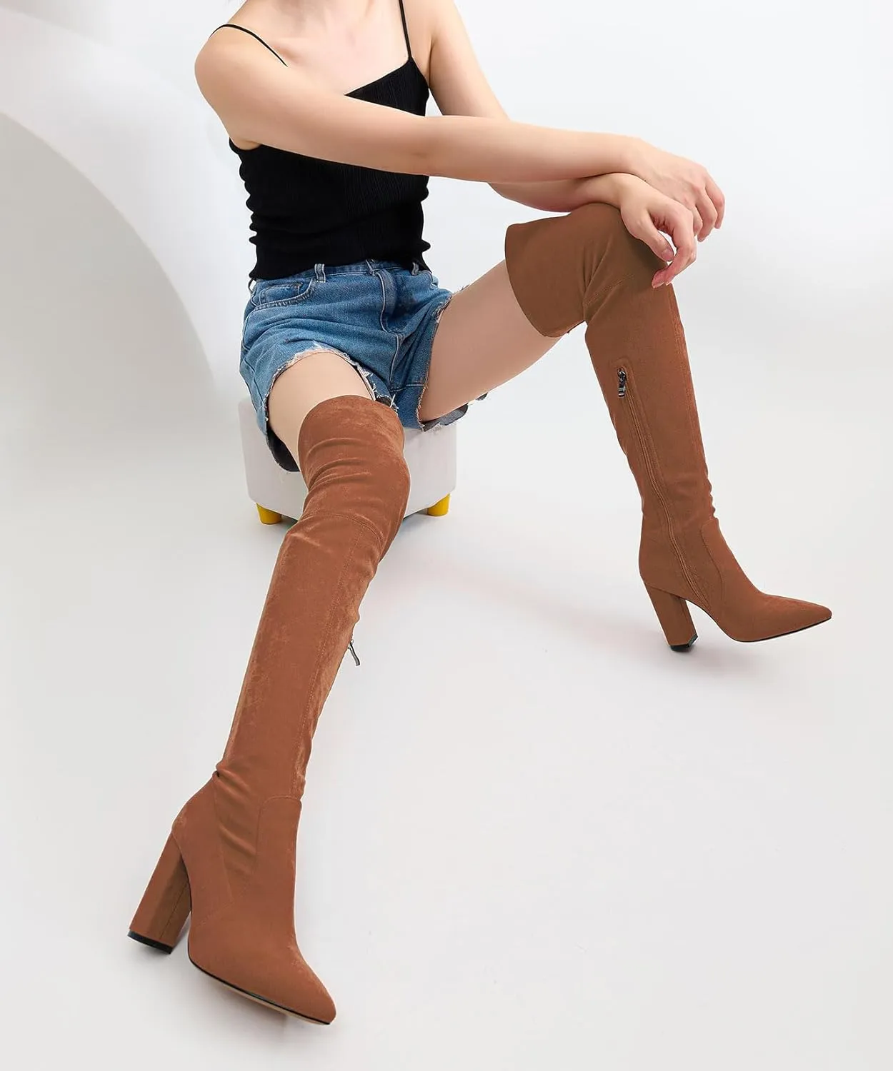 Castamere Womens High Heels Over The Knee Boots Sexy Pointy Toe Chunky Block 10CM Heel Boot with Zipper
