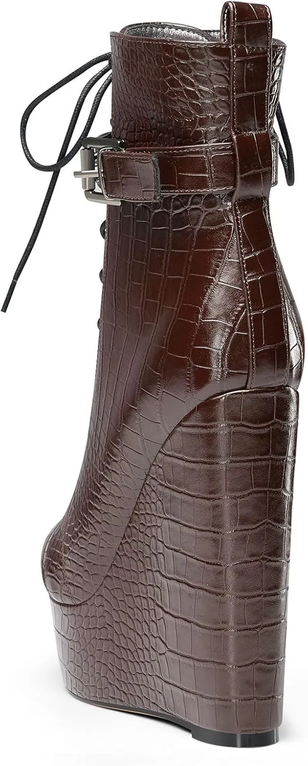 Castamere Womens High Wedge Platform Heel Round Toe Ankle Boots Short Bootie Lace-up Zipper Studded Rivets Sexy 5.9 Inches Heels