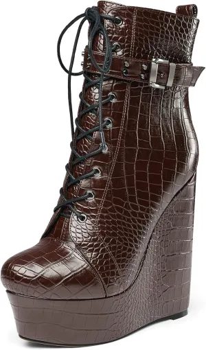 Castamere Womens High Wedge Platform Heel Round Toe Ankle Boots Short Bootie Lace-up Zipper Studded Rivets Sexy 5.9 Inches Heels